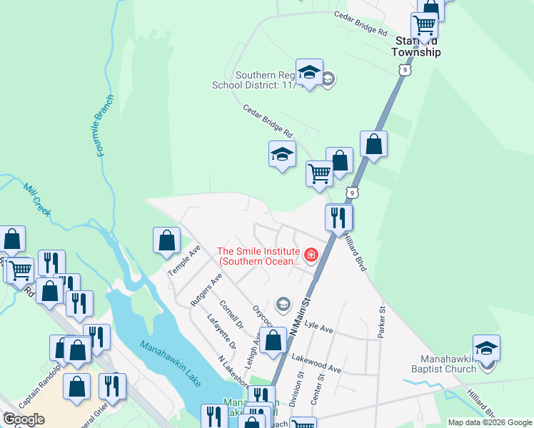 map of restaurants, bars, coffee shops, grocery stores, and more near 151 Chestnut Drive in Stafford Township