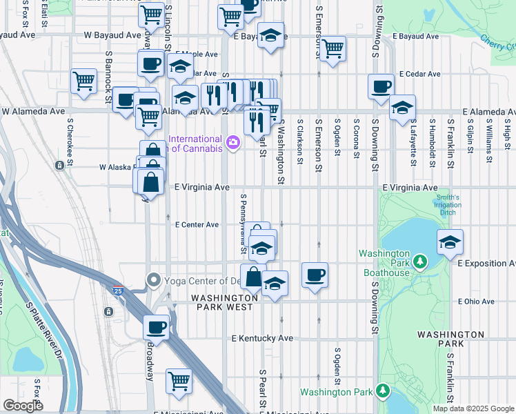 map of restaurants, bars, coffee shops, grocery stores, and more near 551 South Pearl Street in Denver