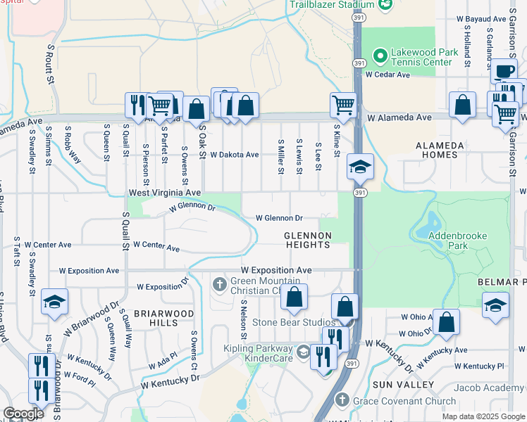 map of restaurants, bars, coffee shops, grocery stores, and more near 10525 West Glennon Drive in Lakewood