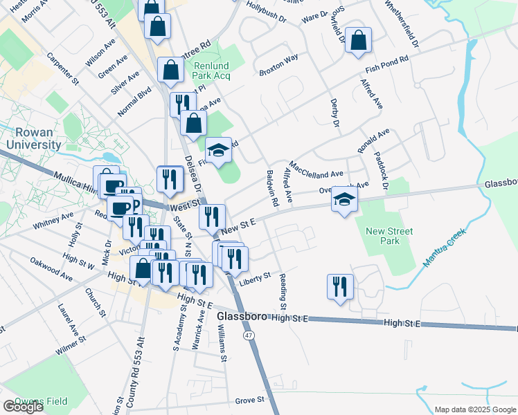 map of restaurants, bars, coffee shops, grocery stores, and more near 226 Overbrook Avenue in Glassboro