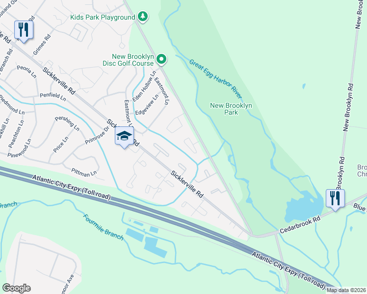 map of restaurants, bars, coffee shops, grocery stores, and more near 35 Victoria Manor Court in Sicklerville