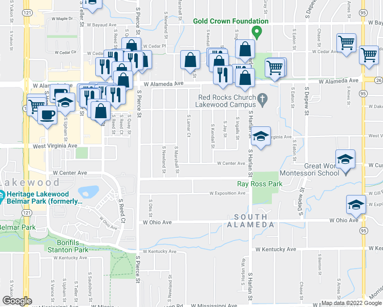 map of restaurants, bars, coffee shops, grocery stores, and more near 478 South Lamar Court in Lakewood