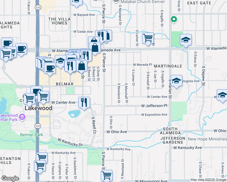 map of restaurants, bars, coffee shops, grocery stores, and more near 530 South Otis Street in Lakewood