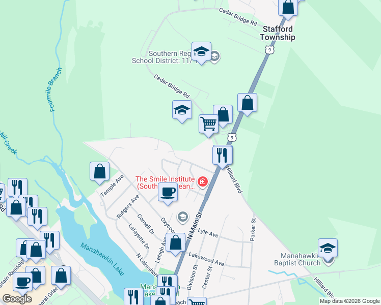 map of restaurants, bars, coffee shops, grocery stores, and more near 56 Littleworth Road in Stafford Township