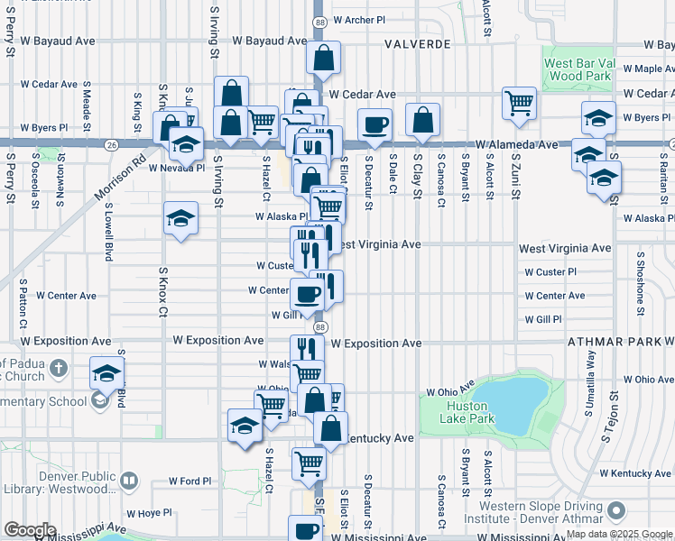 map of restaurants, bars, coffee shops, grocery stores, and more near 545 South Eliot Street in Denver