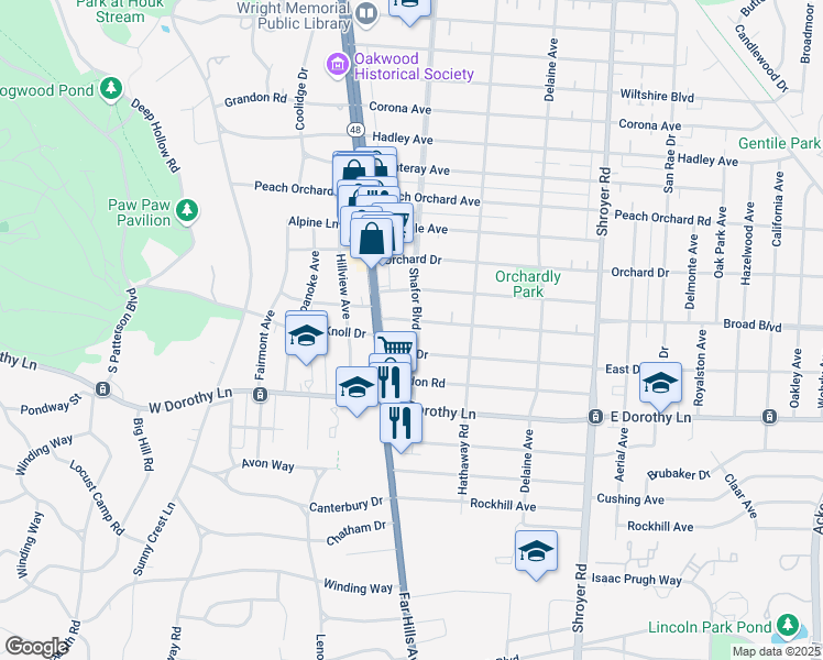 map of restaurants, bars, coffee shops, grocery stores, and more near 2701 Shafor Boulevard in Dayton