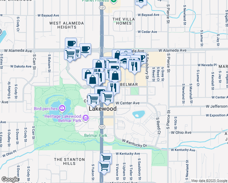 map of restaurants, bars, coffee shops, grocery stores, and more near 456 South Vance Street in Lakewood