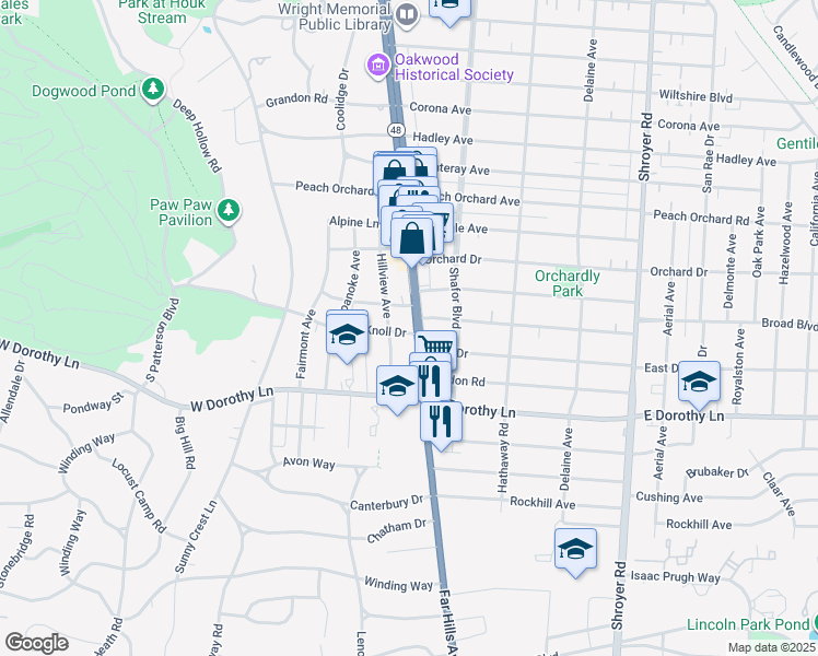 map of restaurants, bars, coffee shops, grocery stores, and more near 2619 Far Hills Avenue in Dayton