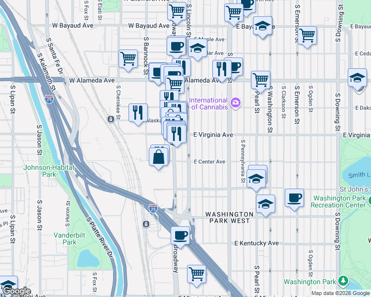 map of restaurants, bars, coffee shops, grocery stores, and more near 559 South Lincoln Street in Denver