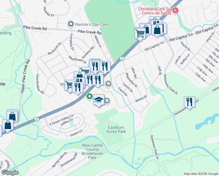 map of restaurants, bars, coffee shops, grocery stores, and more near 50 South Meadowood Drive in Newark