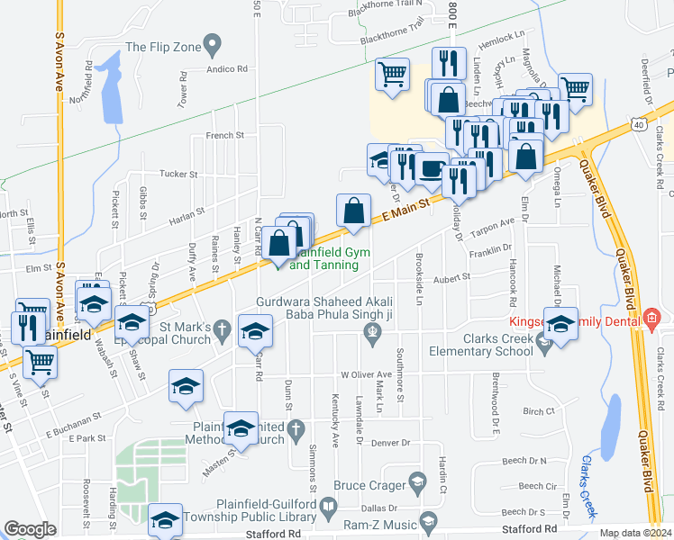 map of restaurants, bars, coffee shops, grocery stores, and more near 202 Kentucky Avenue in Plainfield