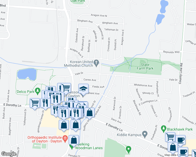 map of restaurants, bars, coffee shops, grocery stores, and more near 2397 Carew Avenue in Dayton