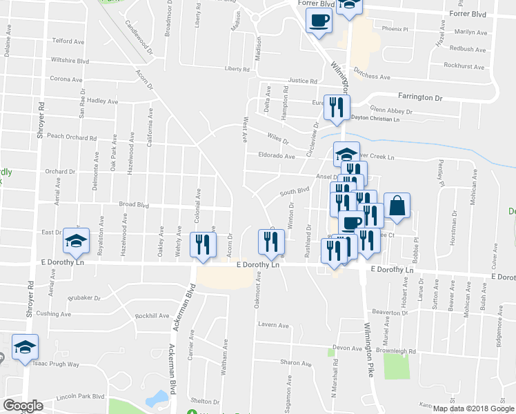 map of restaurants, bars, coffee shops, grocery stores, and more near 2763 Gaylord Avenue in Dayton