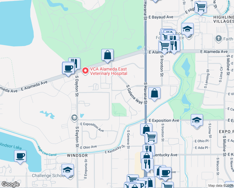 map of restaurants, bars, coffee shops, grocery stores, and more near 10150 East Virginia Avenue in Denver