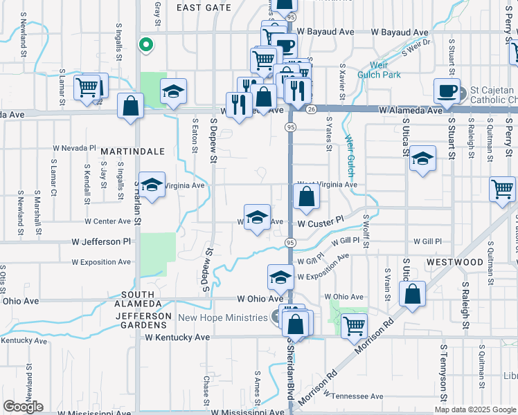 map of restaurants, bars, coffee shops, grocery stores, and more near 5350 West Virginia Avenue in Lakewood