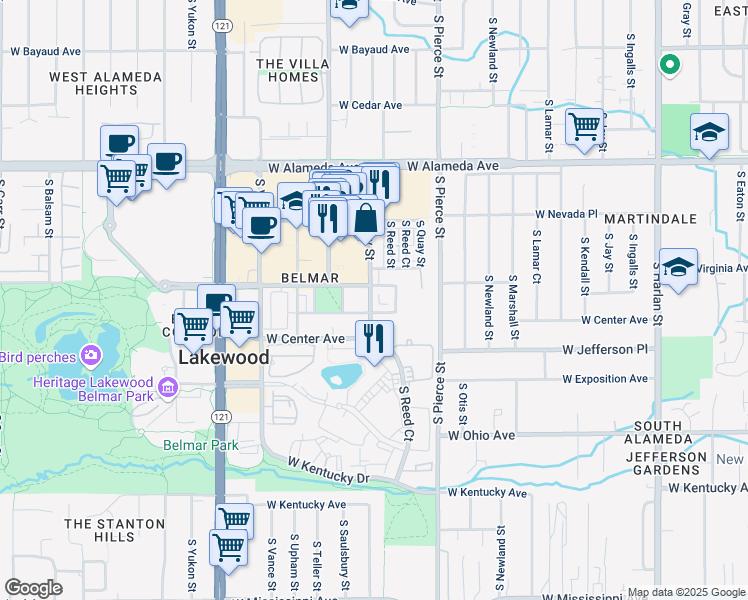 map of restaurants, bars, coffee shops, grocery stores, and more near 530 South Saulsbury Street in Lakewood