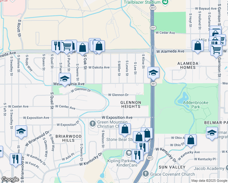 map of restaurants, bars, coffee shops, grocery stores, and more near 10525 West Glennon Drive in Lakewood