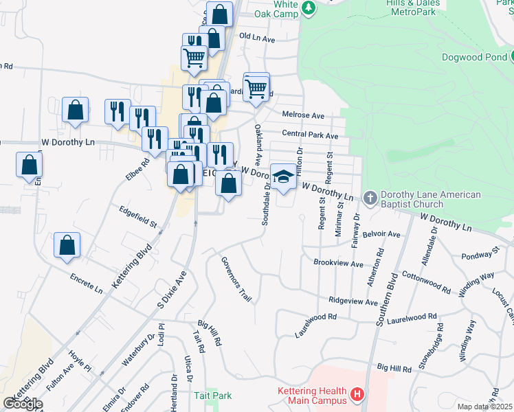 map of restaurants, bars, coffee shops, grocery stores, and more near 1267 Westcliff Court in Dayton