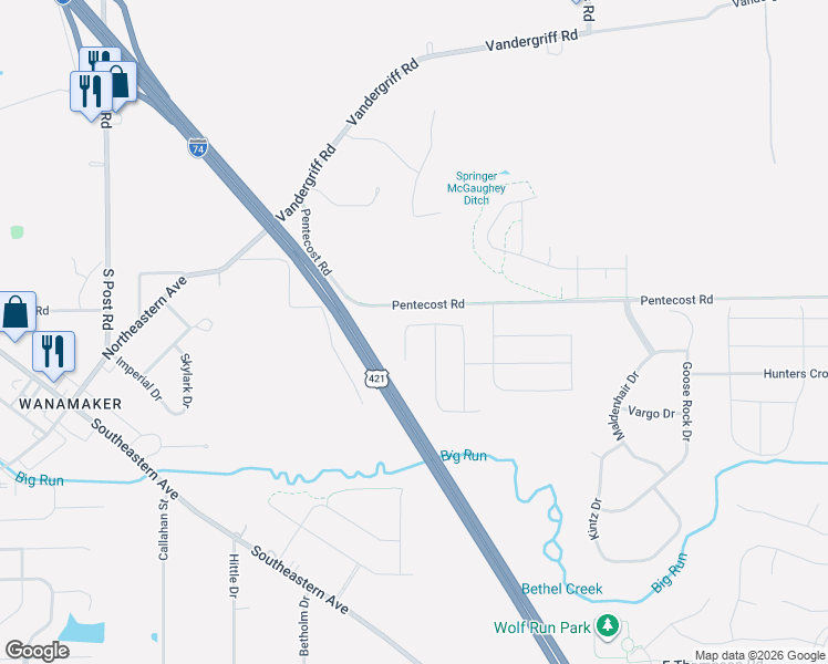 map of restaurants, bars, coffee shops, grocery stores, and more near 9620-9634 Pentecost Road in Indianapolis