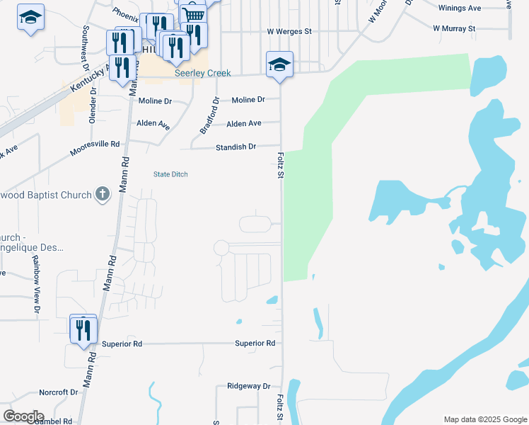 map of restaurants, bars, coffee shops, grocery stores, and more near 3956 Harmony Drive in Indianapolis