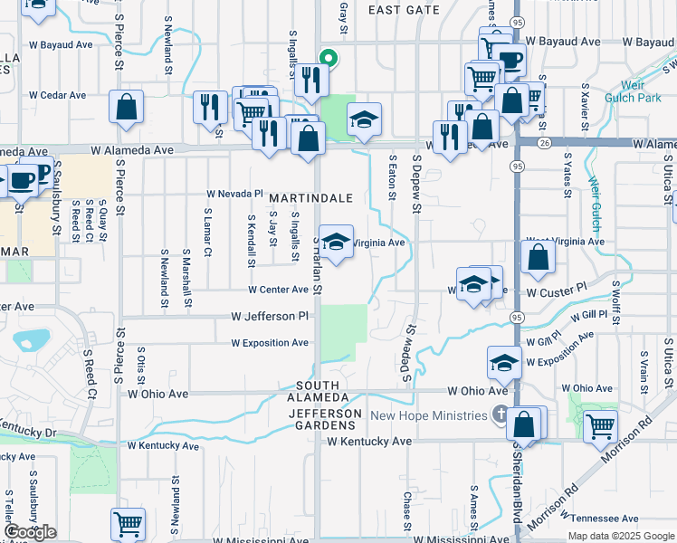 map of restaurants, bars, coffee shops, grocery stores, and more near 580 South Harlan Street in Lakewood