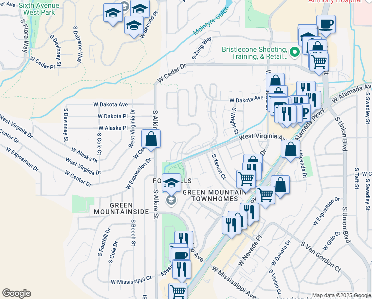 map of restaurants, bars, coffee shops, grocery stores, and more near 98 South Youngfield Court in Lakewood