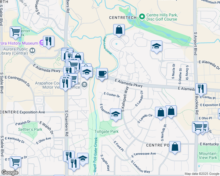 map of restaurants, bars, coffee shops, grocery stores, and more near 15730 East Alameda Parkway in Aurora