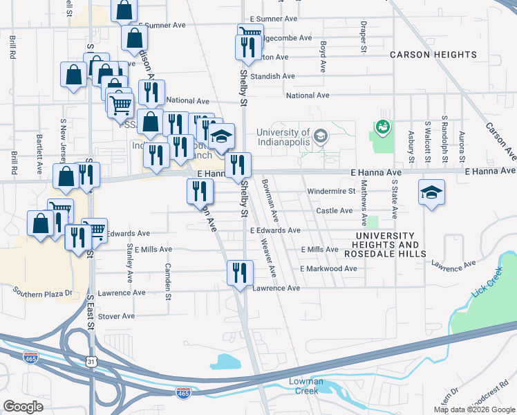 map of restaurants, bars, coffee shops, grocery stores, and more near 4063 Weaver Avenue in Indianapolis