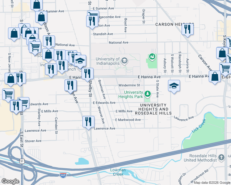 map of restaurants, bars, coffee shops, grocery stores, and more near 1310 Castle Avenue in Indianapolis