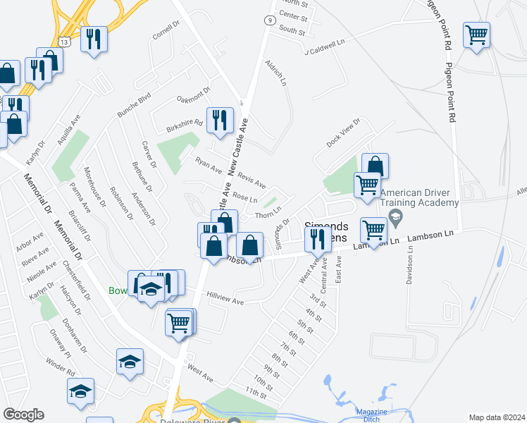 map of restaurants, bars, coffee shops, grocery stores, and more near 29 Thorn Lane in New Castle