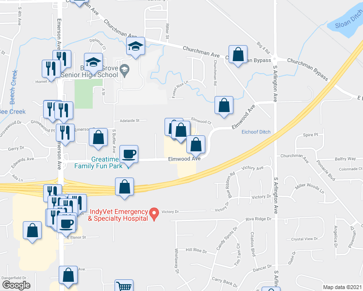 map of restaurants, bars, coffee shops, grocery stores, and more near 5508 Elmwood Ave in Beech Grove