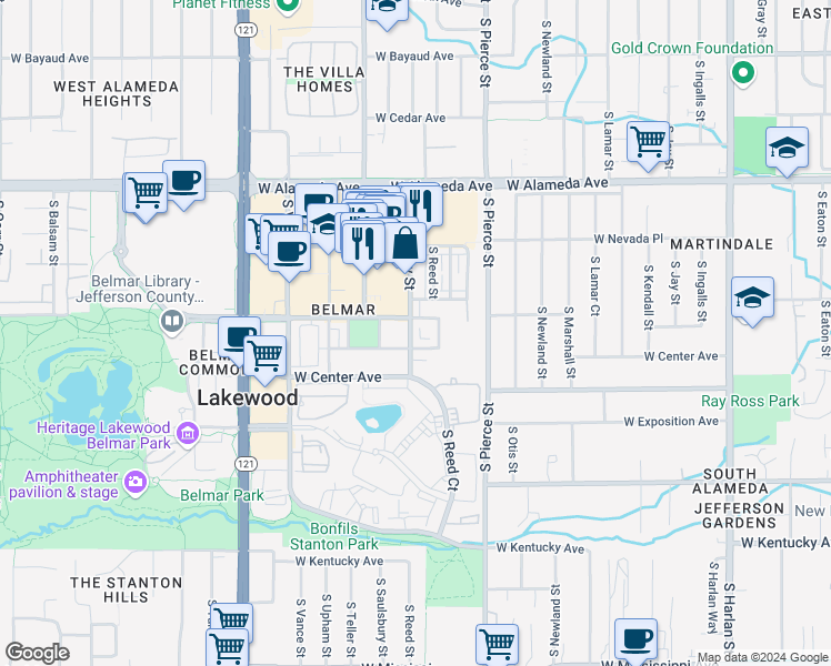 map of restaurants, bars, coffee shops, grocery stores, and more near 530 South Saulsbury Street in Lakewood