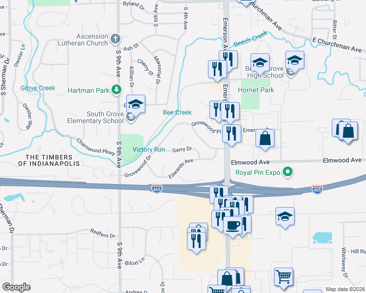 map of restaurants, bars, coffee shops, grocery stores, and more near 406 Gerry Drive in Beech Grove