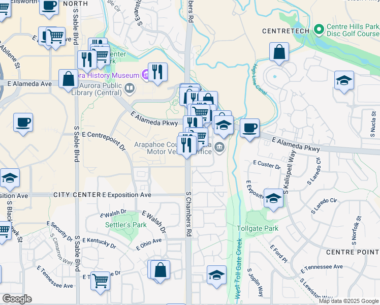 map of restaurants, bars, coffee shops, grocery stores, and more near 512 South Chambers Road in Aurora