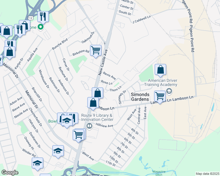 map of restaurants, bars, coffee shops, grocery stores, and more near 13 Thorn Lane in New Castle