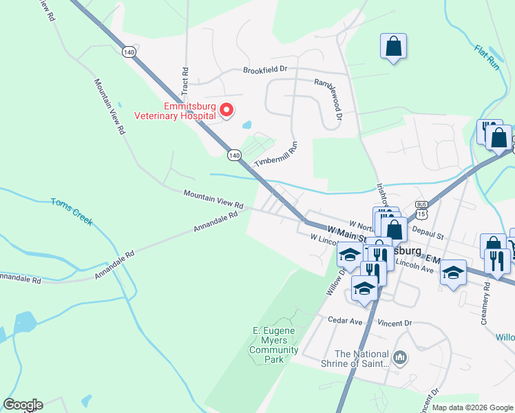 map of restaurants, bars, coffee shops, grocery stores, and more near 902 Frailey Road in Emmitsburg