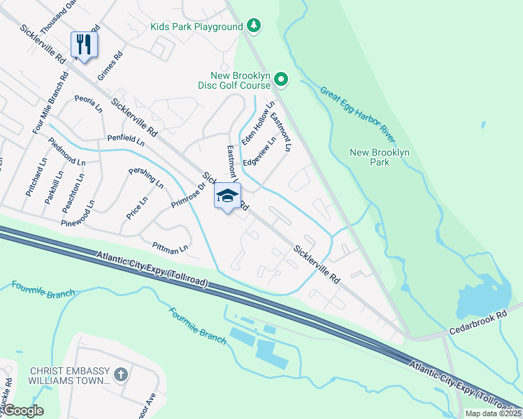map of restaurants, bars, coffee shops, grocery stores, and more near 11 Villanova Court in Sicklerville