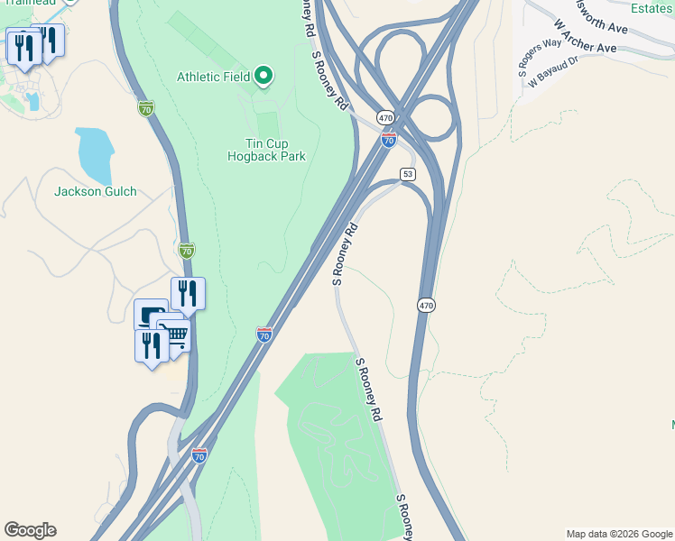 map of restaurants, bars, coffee shops, grocery stores, and more near 475 South Rooney Road in Morrison