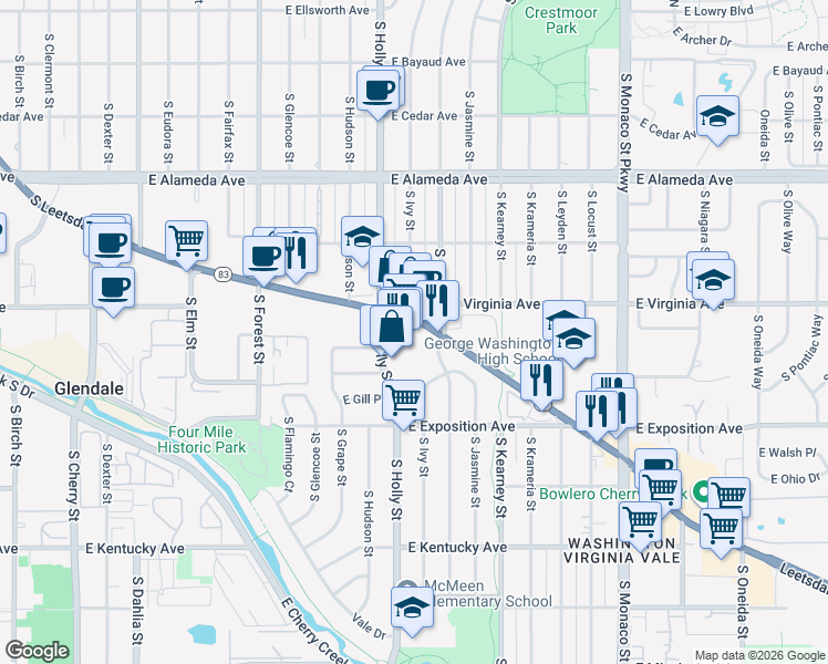 map of restaurants, bars, coffee shops, grocery stores, and more near 525 South Holly Street in Denver