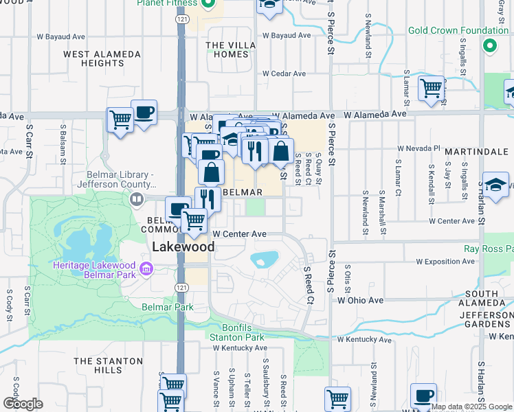 map of restaurants, bars, coffee shops, grocery stores, and more near 7241 West Custer Avenue in Lakewood