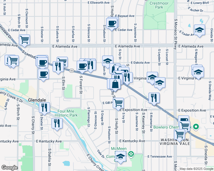 map of restaurants, bars, coffee shops, grocery stores, and more near 525 South Holly Street in Denver