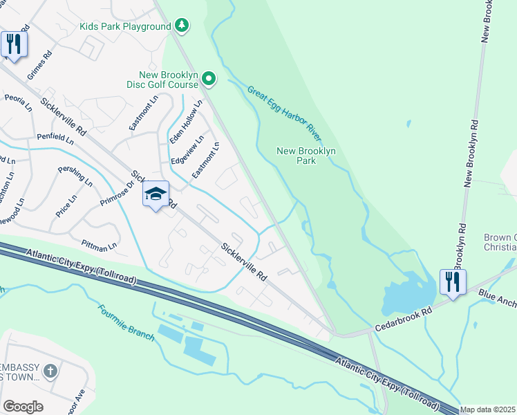 map of restaurants, bars, coffee shops, grocery stores, and more near 1 Victoria Manor Court in Sicklerville