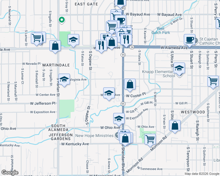map of restaurants, bars, coffee shops, grocery stores, and more near 5350 West Virginia Avenue in Lakewood