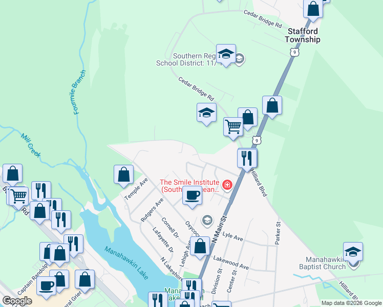 map of restaurants, bars, coffee shops, grocery stores, and more near 151 Chestnut Drive in Stafford Township