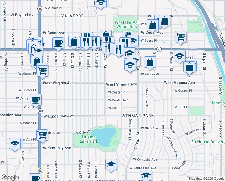 map of restaurants, bars, coffee shops, grocery stores, and more near 2251 West Custer Place in Denver