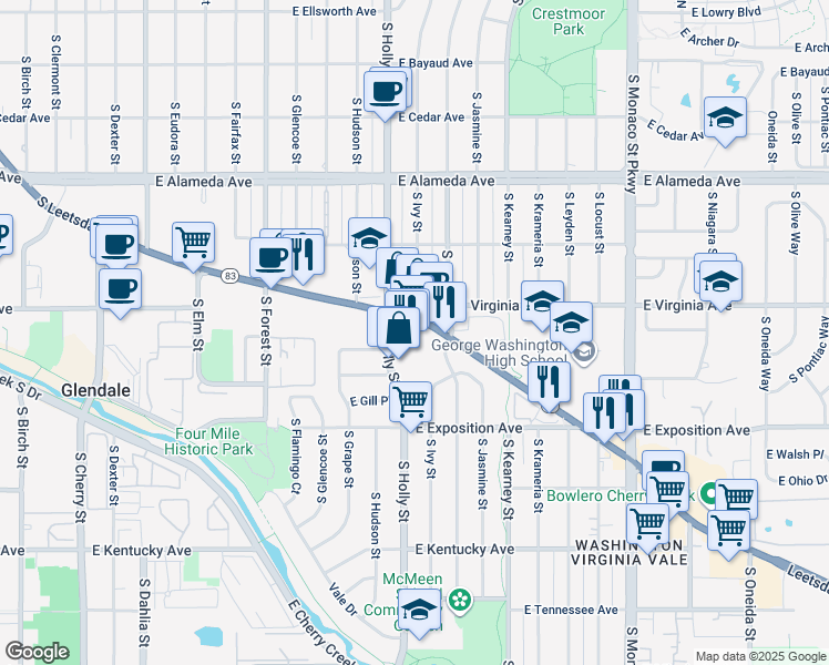map of restaurants, bars, coffee shops, grocery stores, and more near 560 South Holly Street in Denver