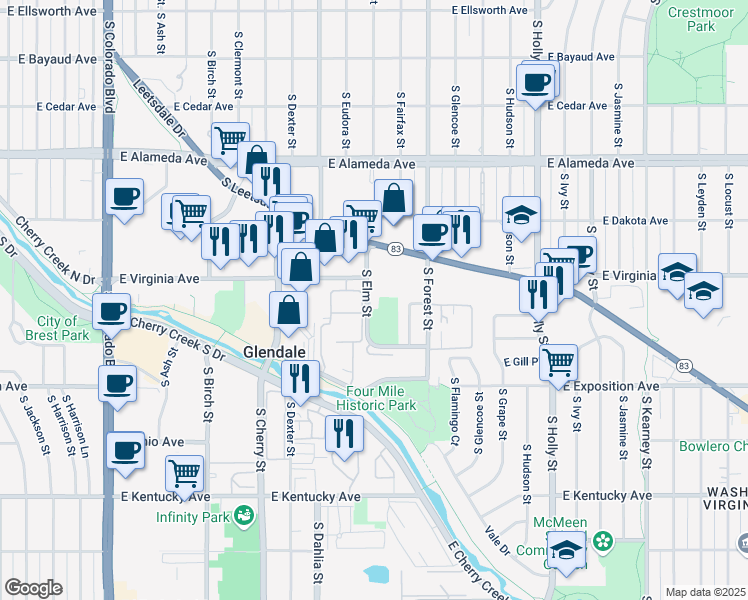 map of restaurants, bars, coffee shops, grocery stores, and more near 558 South Elm Street in Denver