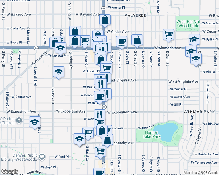 map of restaurants, bars, coffee shops, grocery stores, and more near 545 South Eliot Street in Denver