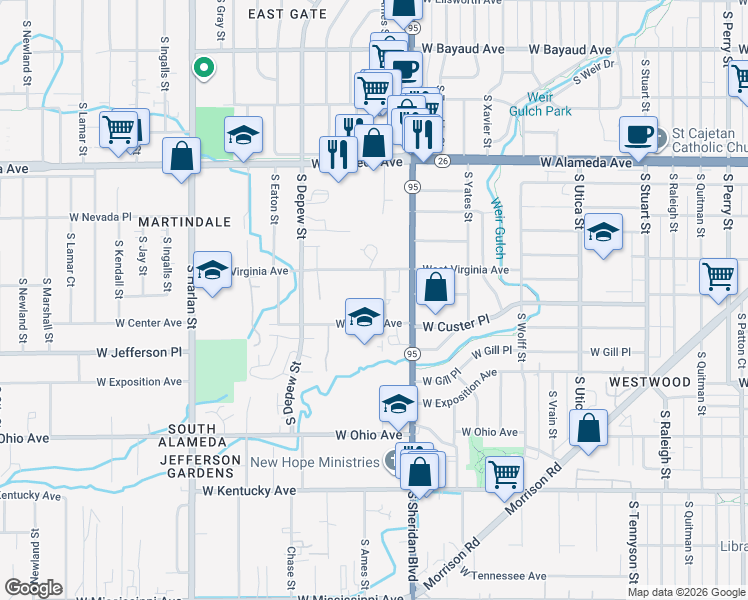 map of restaurants, bars, coffee shops, grocery stores, and more near 5350 West Virginia Avenue in Lakewood