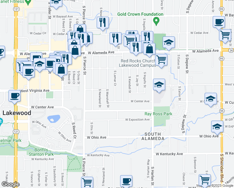 map of restaurants, bars, coffee shops, grocery stores, and more near 478 South Lamar Court in Lakewood